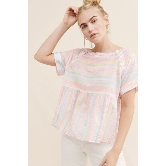 Anthropologie Tops - Anthropologie White Neon Embroidered Rainbow Letty Babydoll Blouse NWOT Medium